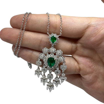 18K White Gold Diamond and Pear Cut Emerald Pendant Necklace