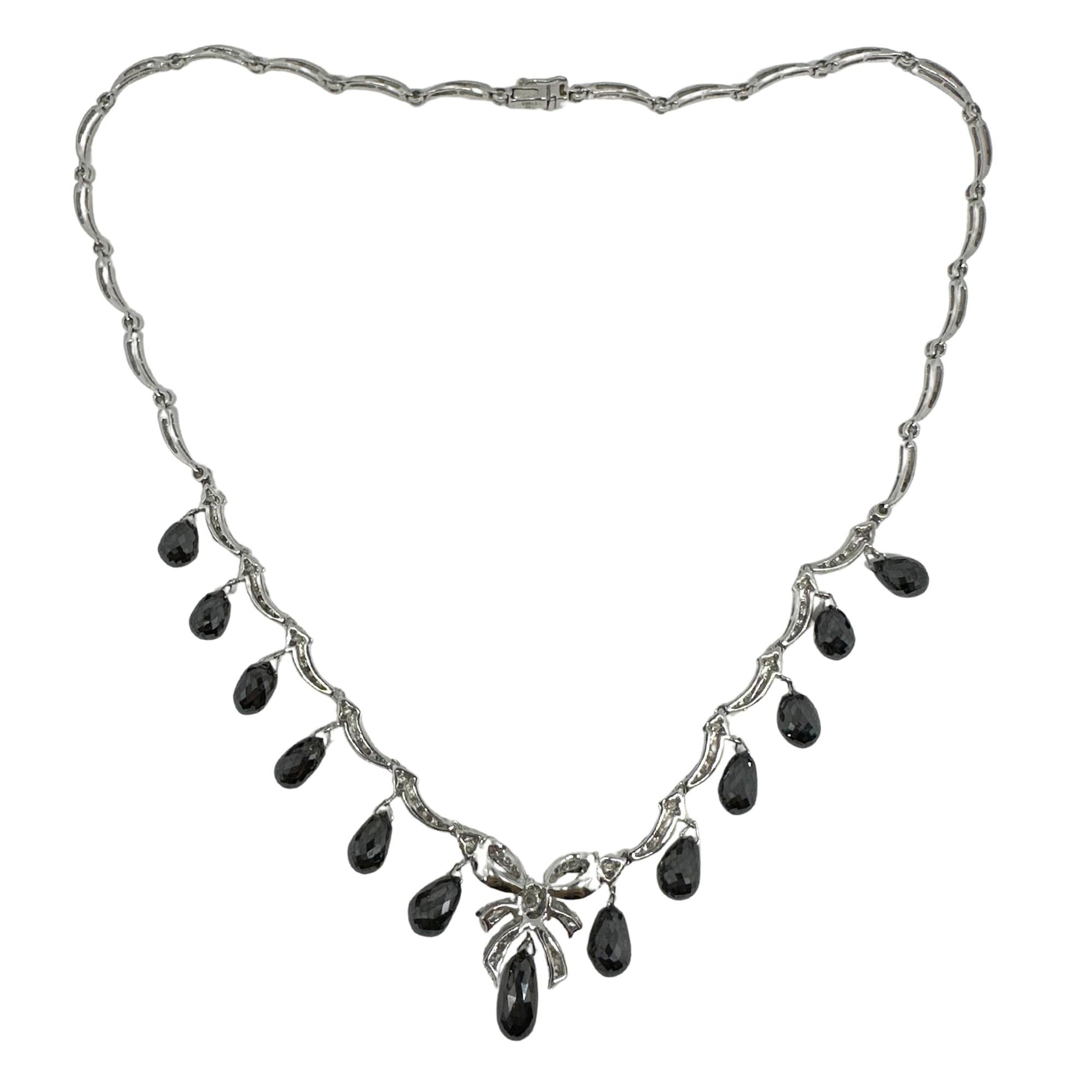 18K White Gold White Diamond and Briolette Black Diamond Bow Necklace