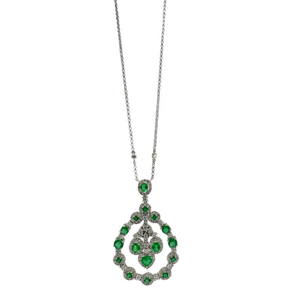 18K White Gold Diamond and Emerald Halo Circle Pendant Necklace