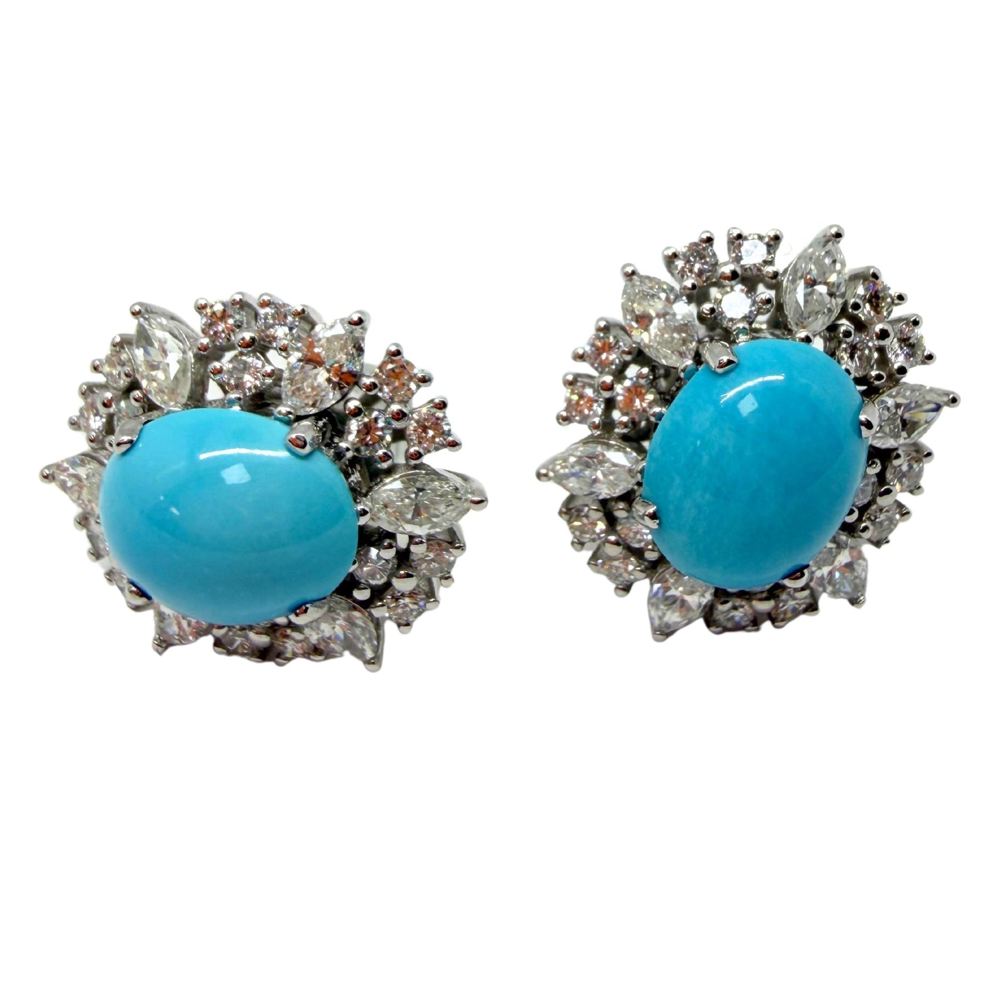 Platinum Marquise Cut 1.75 carat Diamond and Oval Turquoise Halo Stud Earrings