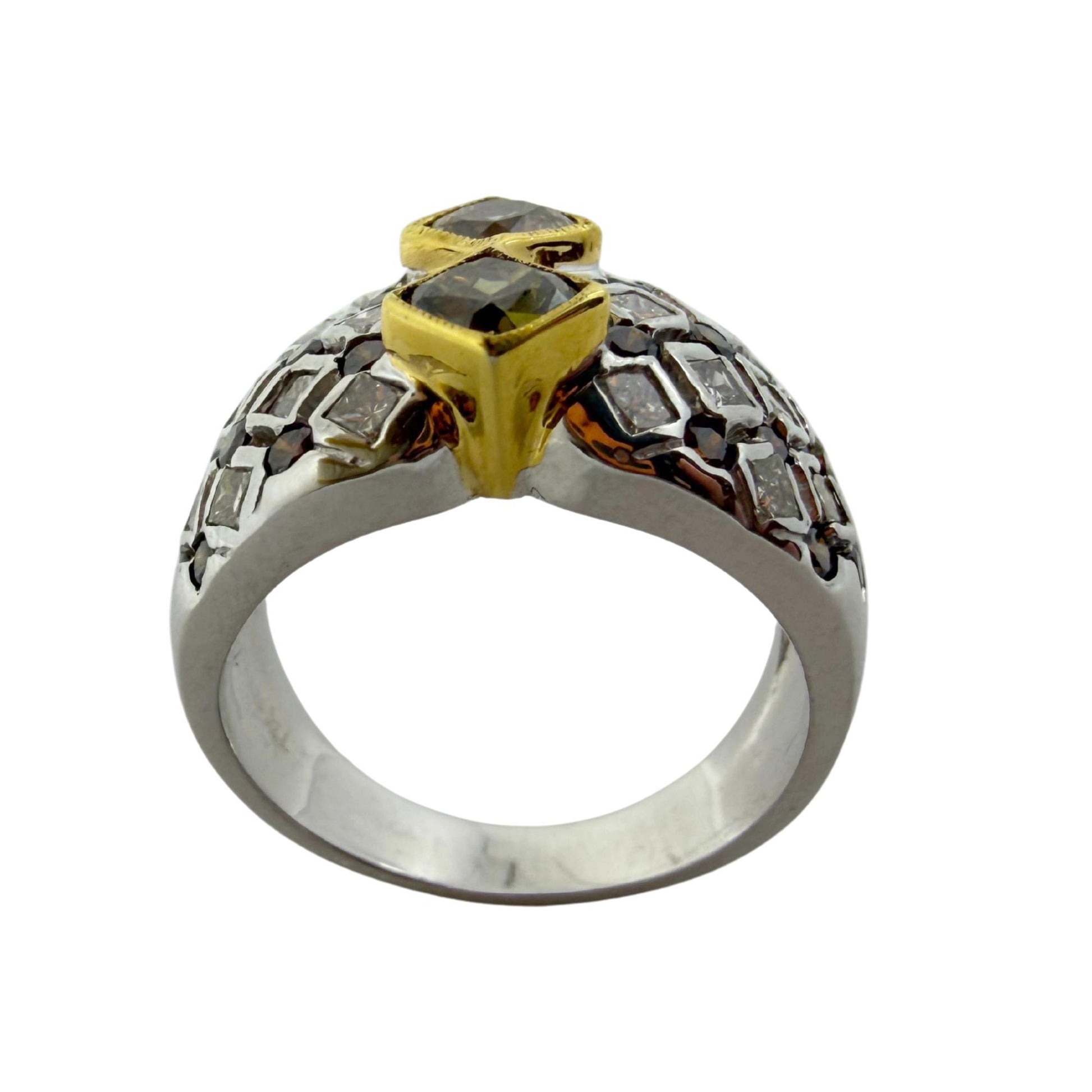 18K Two Tone Brown and White Diamond Wide Band Abstract Ring - Size