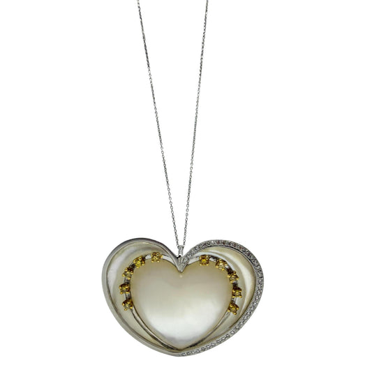 14K Two Tone Diamond, Mother of Pearl and Yellow Sapphire Heart Necklace