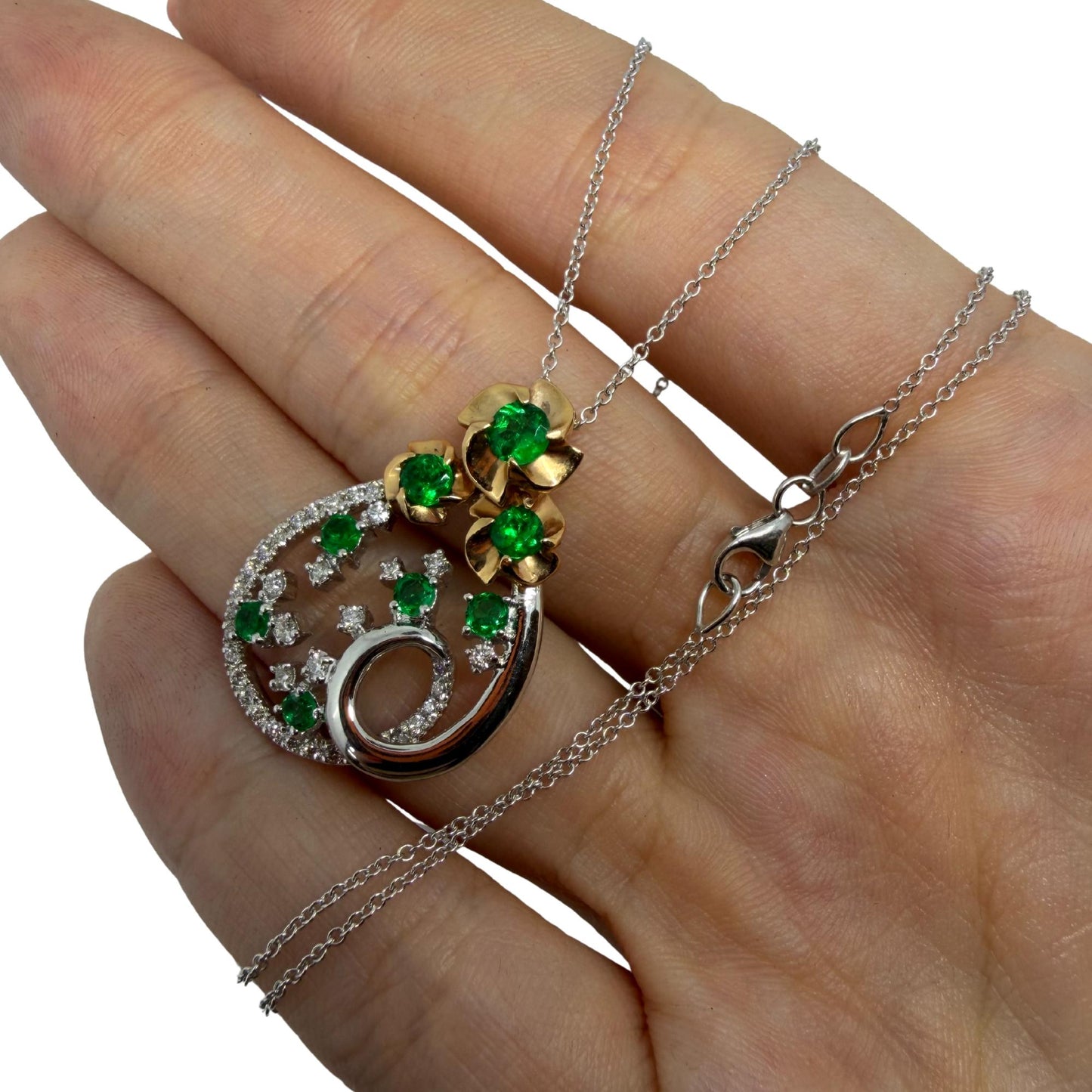 18K Two Tone Diamond and Emerald Teardrop Floral Pendant Necklace