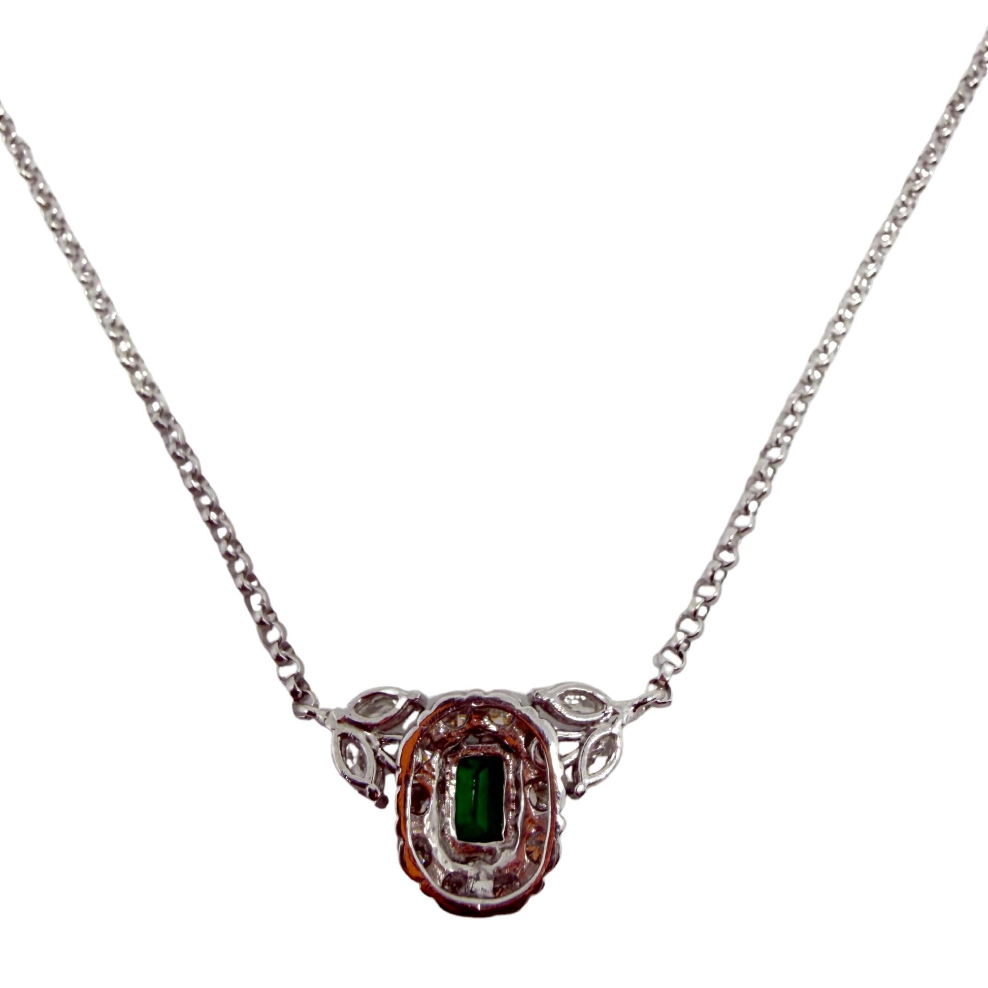 18K White Gold Diamond and Emerald Cluster Pendant Necklace
