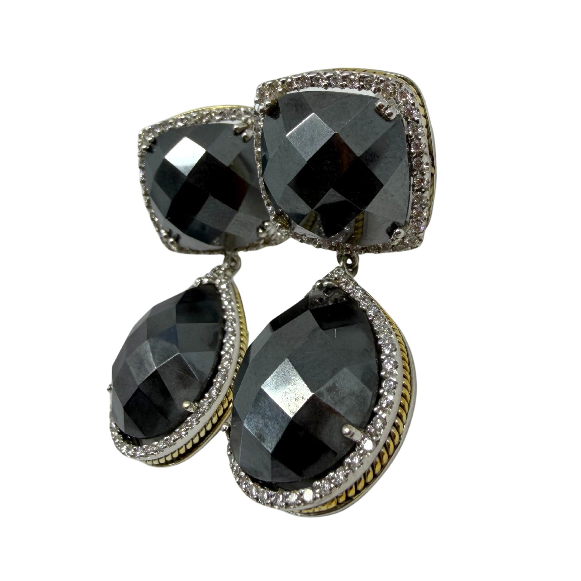 18K White and Yellow Gold Diamond and Checkered Hematite Earrings
