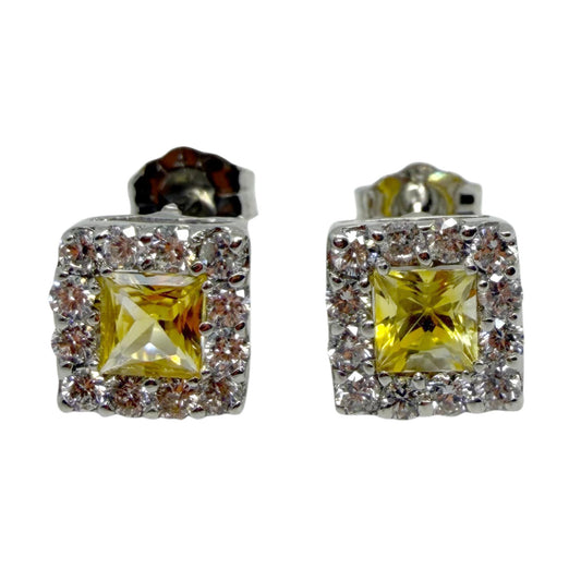 18K White Gold Diamond and Princess Cut Yellow Sapphire Studs with 14K Backings
