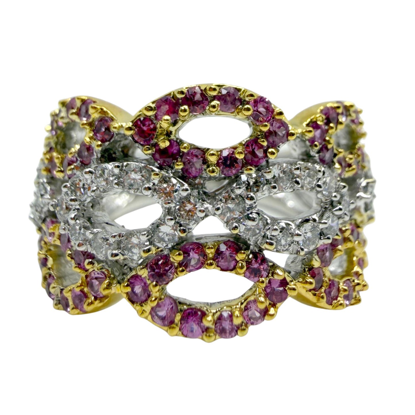 18K Two Tone Pink Sapphire and Diamond Band