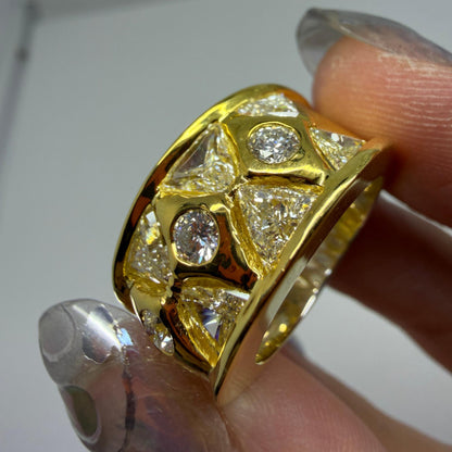 18k Two Tone Trillion Cut Diamond Wide Band Ring with Abstract Design