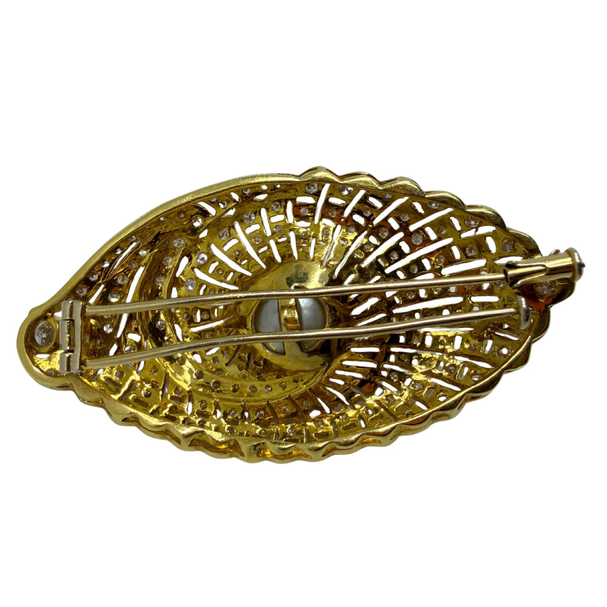 Art Deco Inspired 18K Yellow Gold Diamond and South Sea Pearl Brooch
