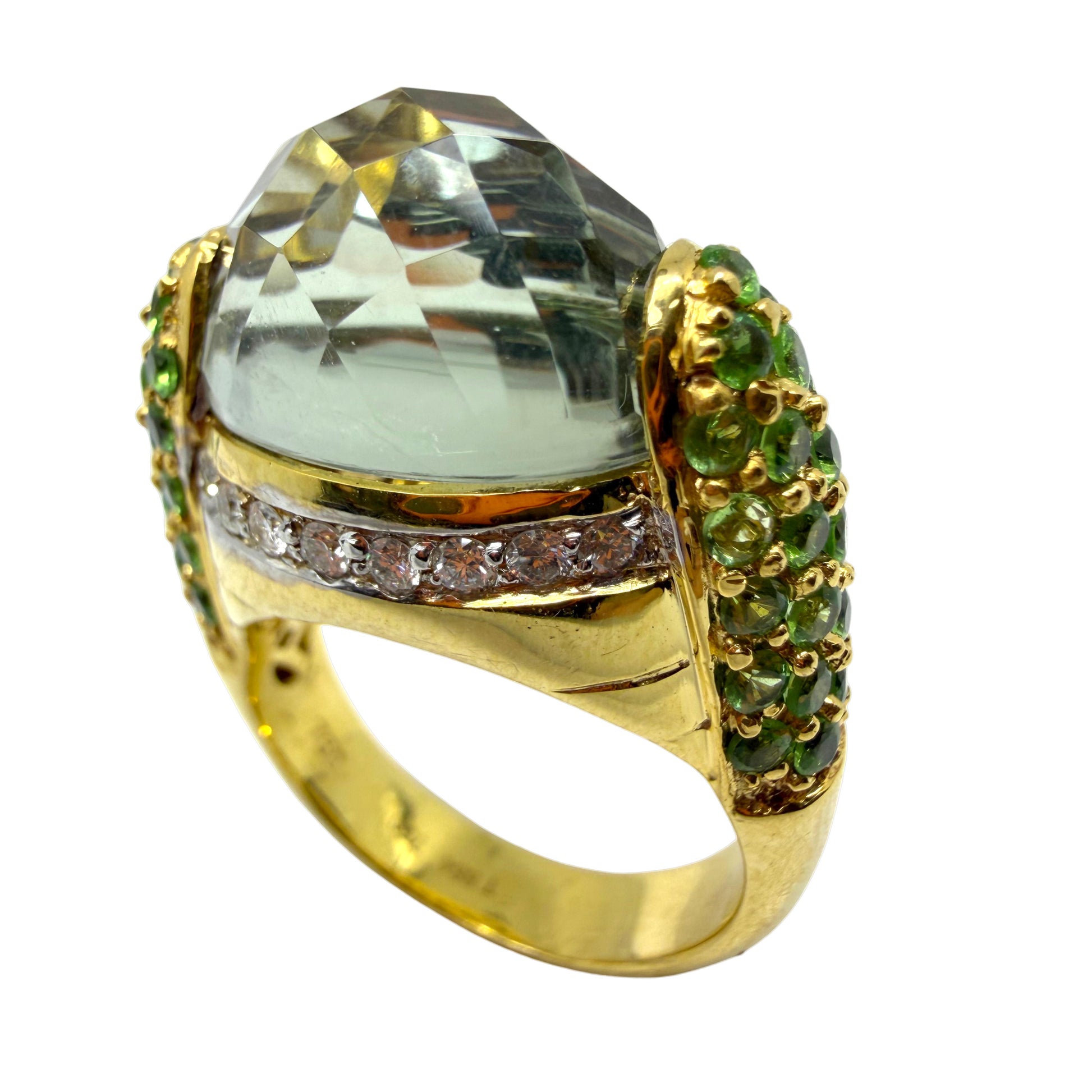18K Yellow Gold Diamond, Green Garnet and Checkered Green Gemstone Cocktail Ring