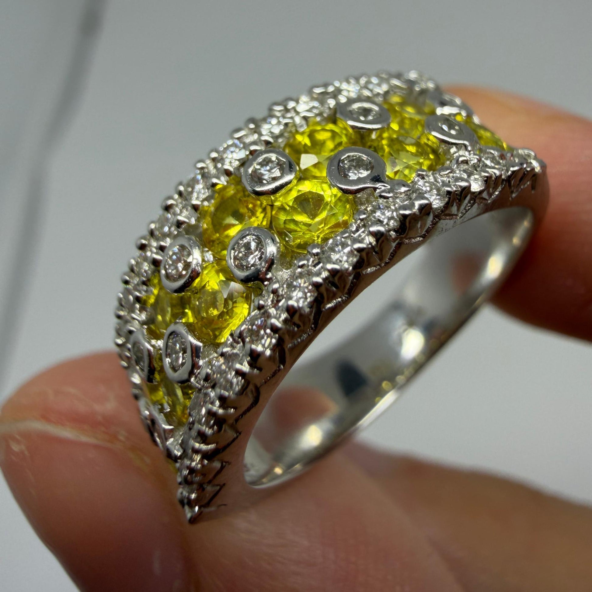 18k White Gold Diamond and Yellow Sapphire Wide Band Ring
