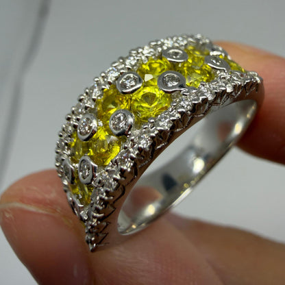 18k White Gold Diamond and Yellow Sapphire Wide Band Ring