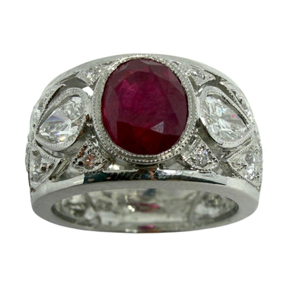 18K White Gold 2.04 Carats Oval Cut Ruby and Diamond Wide Band Ring - Size 6.5