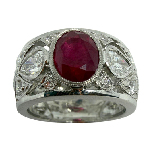18K White Gold 2.04 Carats Oval Cut Ruby and Diamond Wide Band Ring - Size 6.5