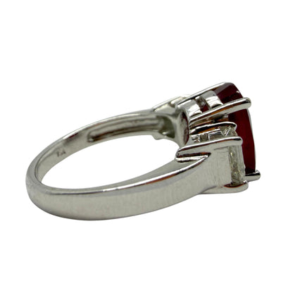 18K White Gold Asscher Cut Diamond and African Ruby Three Stone Ring - Size 6.75