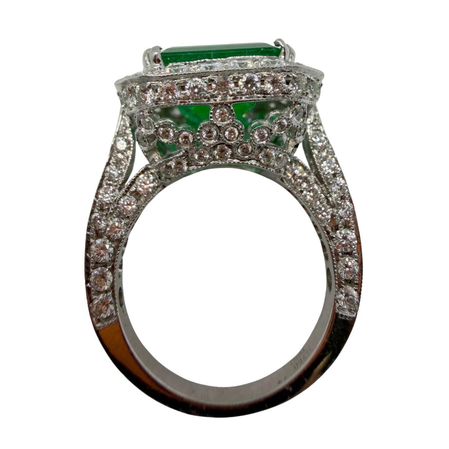 18K White Gold 6.58 Carat Emerald Cut Emerald and Diamond Ring -Size 7