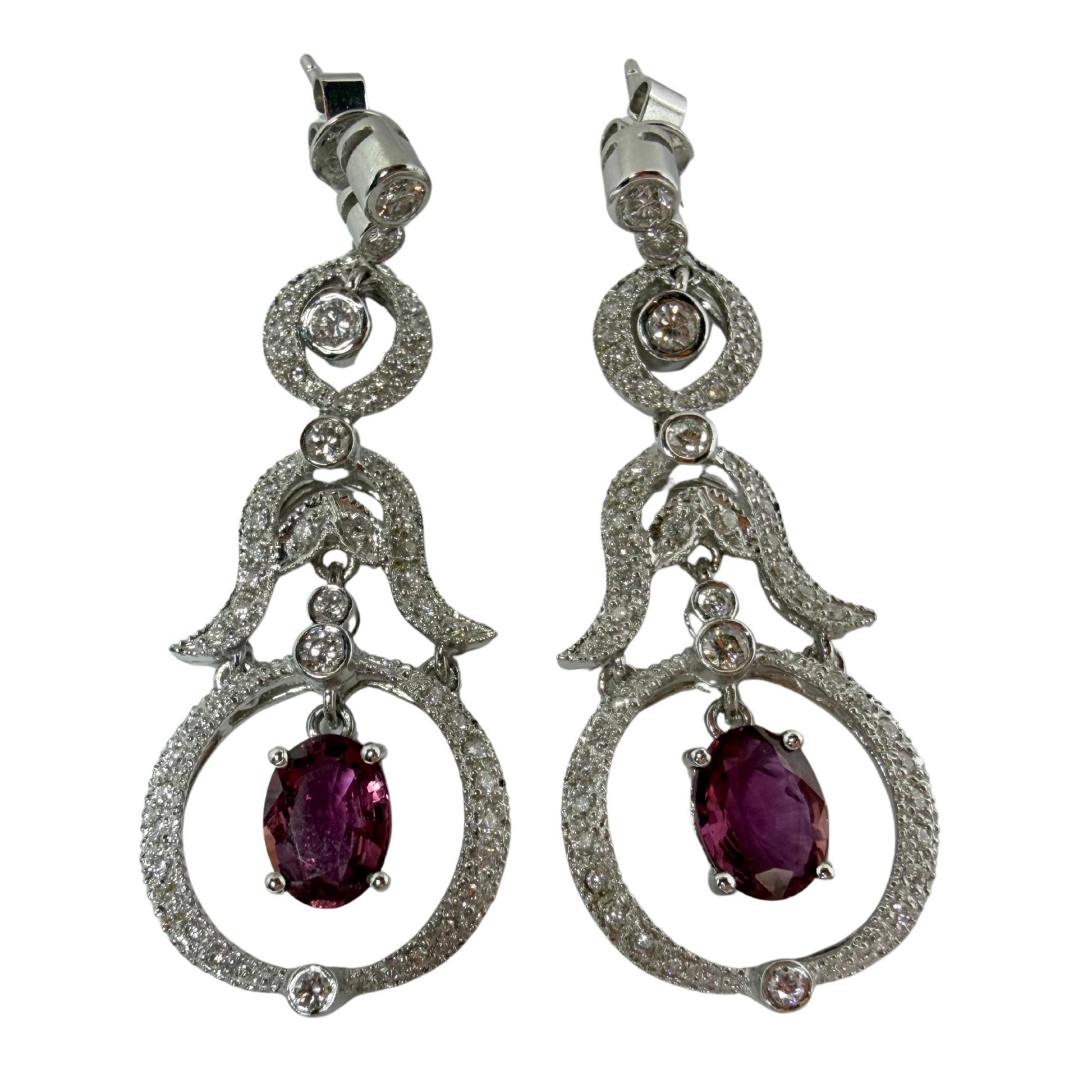18K White Gold Diamond and 2.52 Carat Oval Cut Ruby Drop Earrings