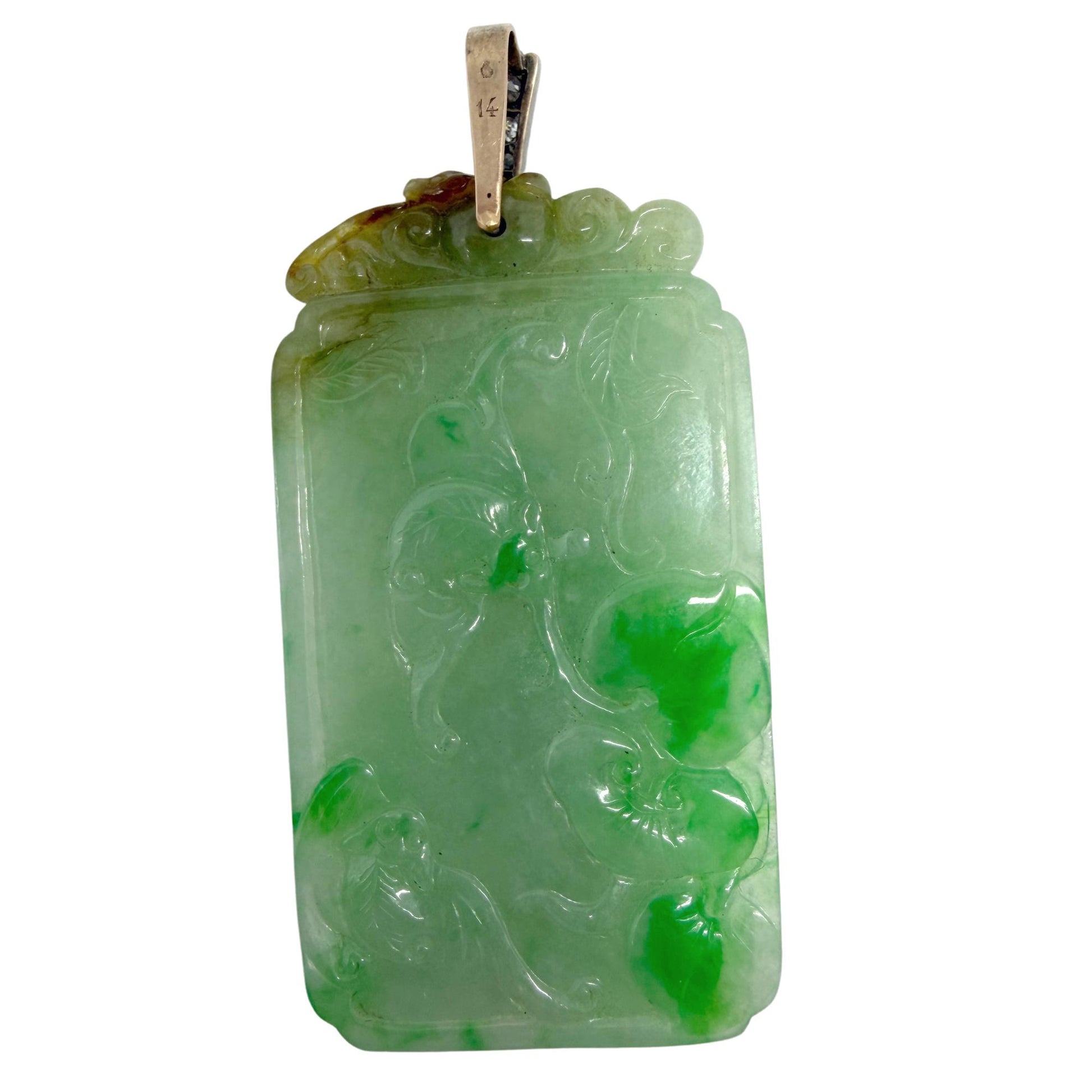 Estate 18K and Silver Carved Burma No Dye Jade and Diamond Pendant w/GIA