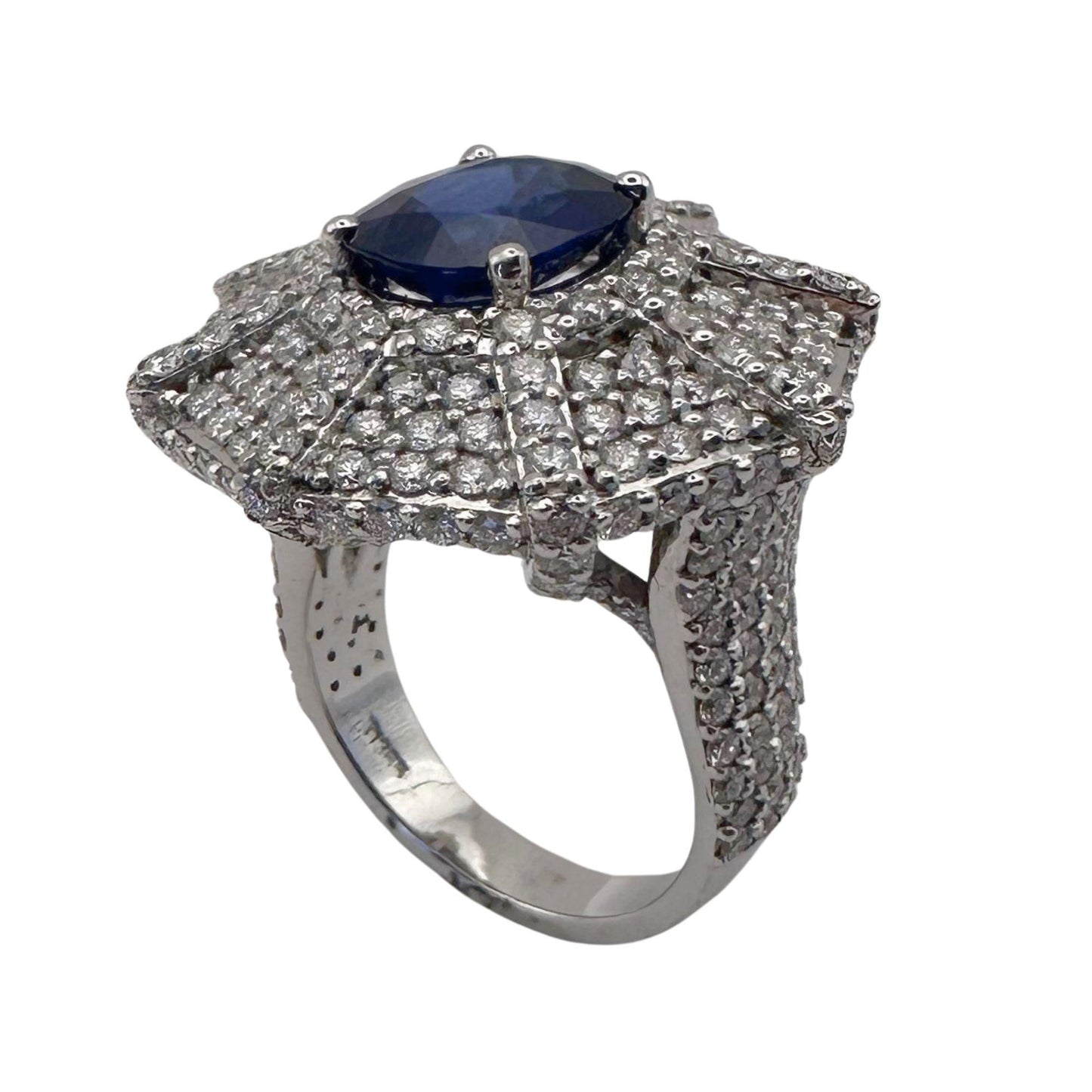 18k White Gold 3.05 Carat Oval Cut Sapphire and Diamond Spider Web Cocktail Ring