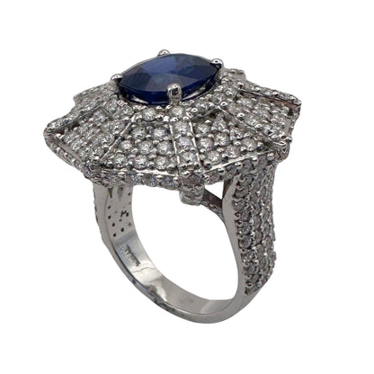 18k White Gold 3.05 Carat Oval Cut Sapphire and Diamond Spider Web Cocktail Ring
