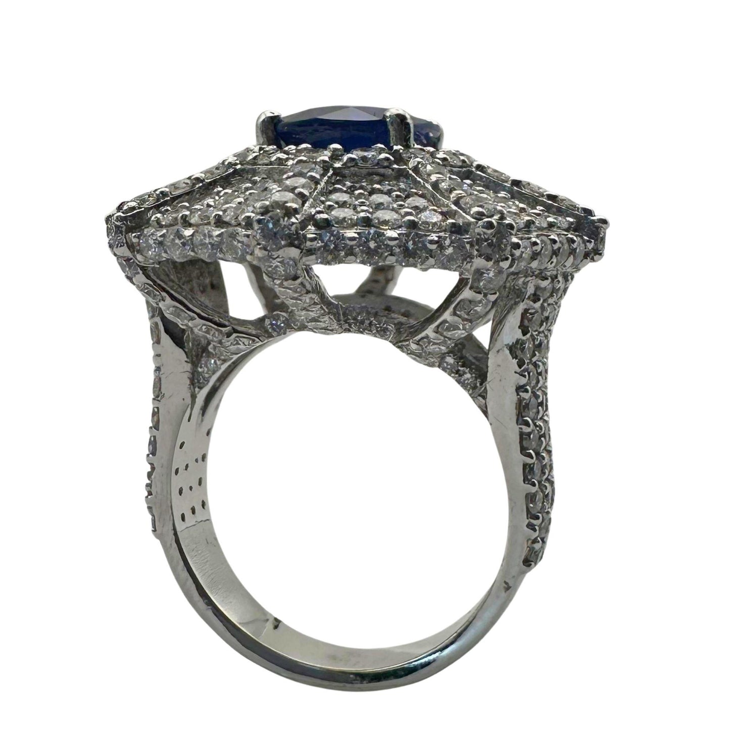 18k White Gold 3.05 Carat Oval Cut Sapphire and Diamond Spider Web Cocktail Ring