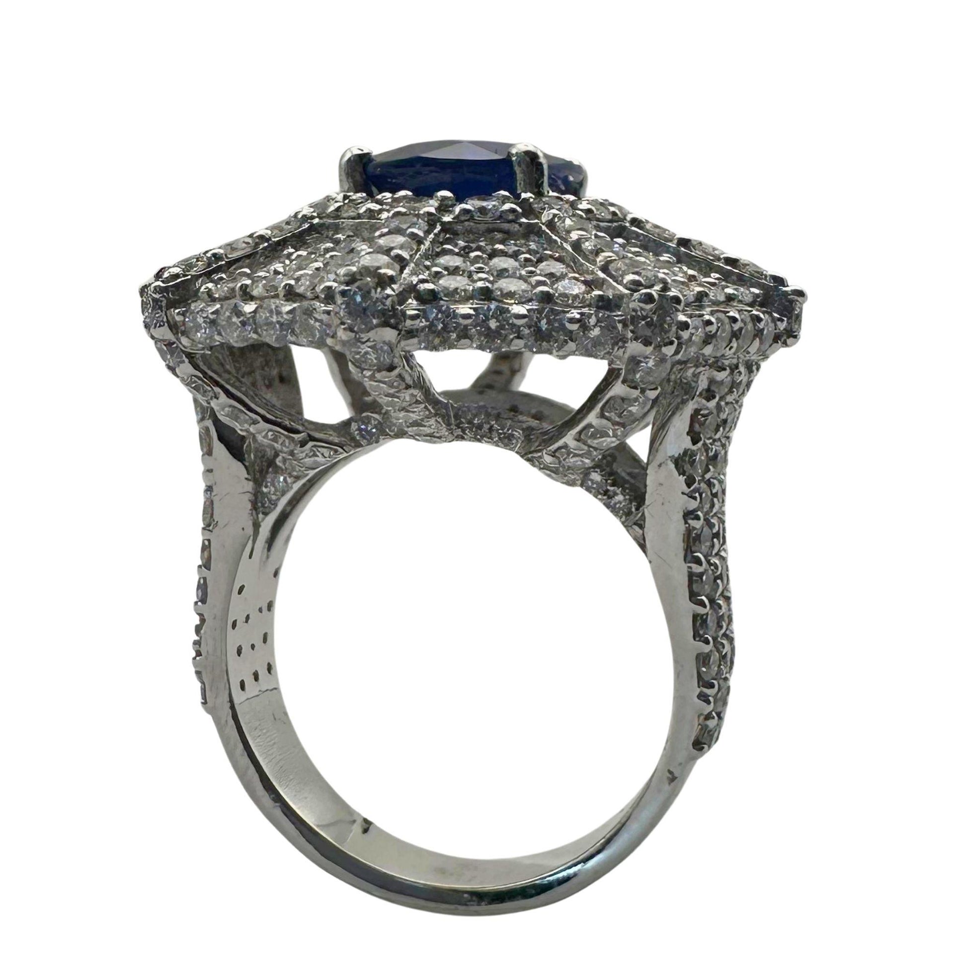 18k White Gold 3.05 Carat Oval Cut Sapphire and Diamond Spider Web Cocktail Ring