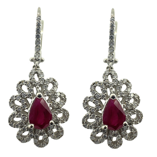 18k White Gold Diamond and Pear Shaped Ruby Earrings