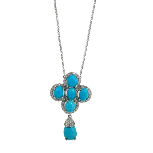 18k White Gold Diamond and Persian Turquoise Pendant Necklace