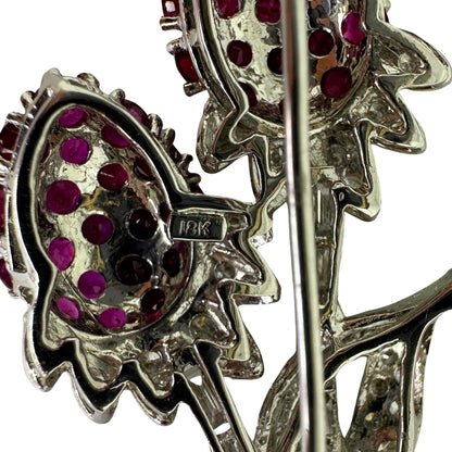 18K Diamond and Ruby Flower Brooch