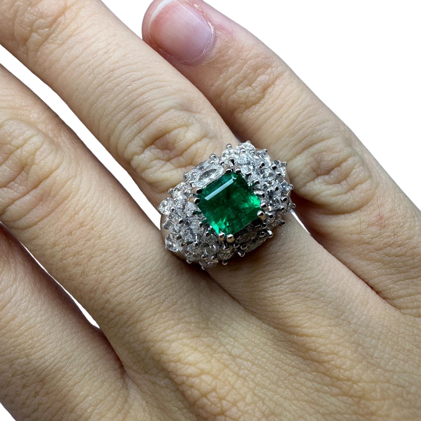 18k White Gold Marquise Cut Diamond and Emerald Ring