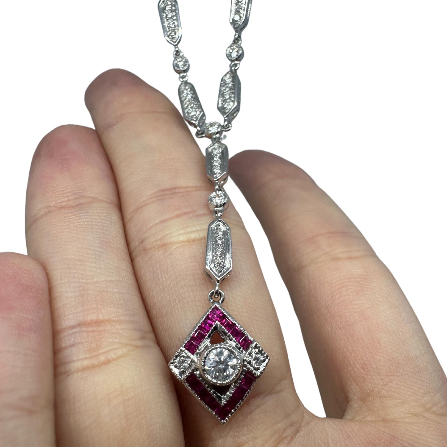 Estate 18K White Gold Diamond and Ruby Y-Necklace