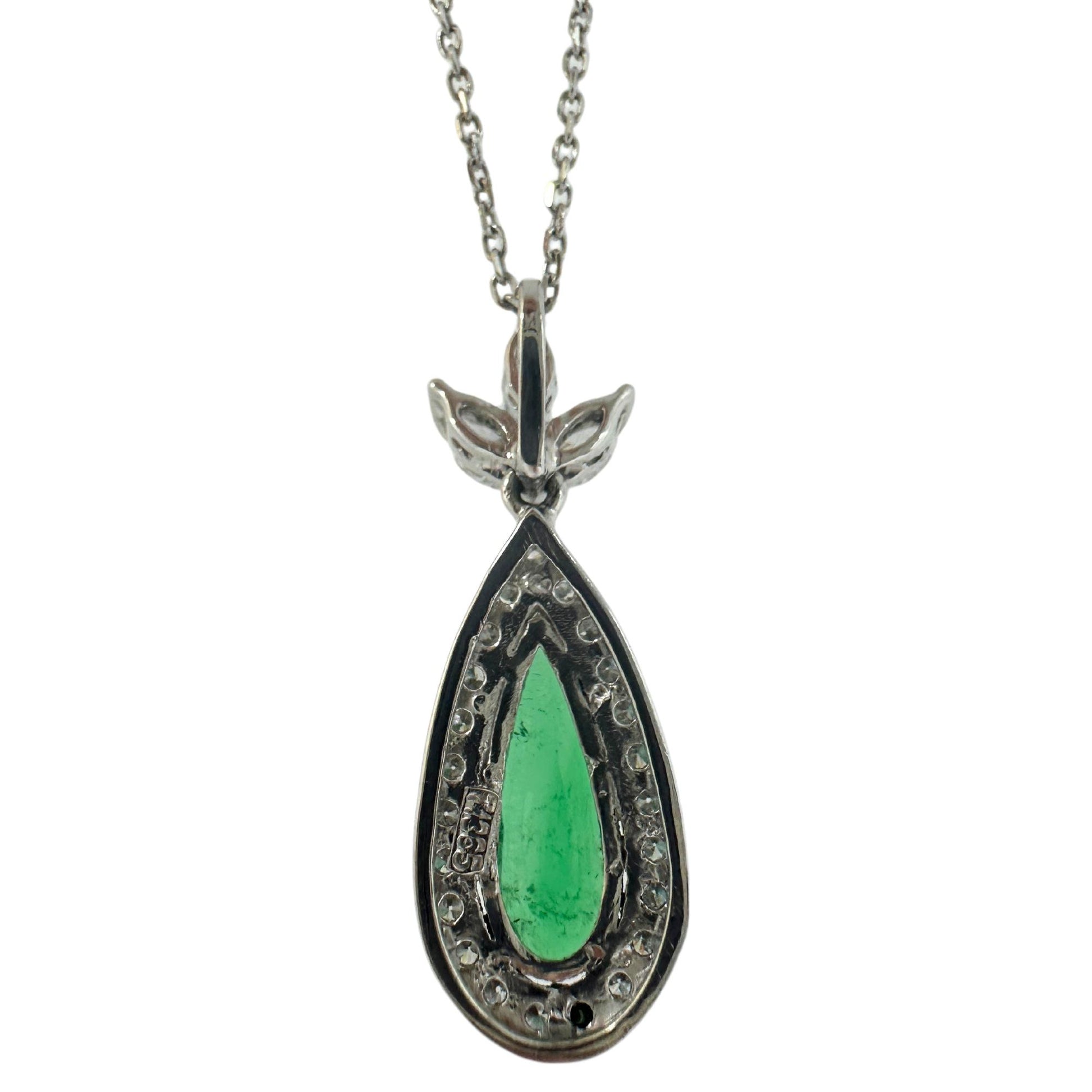 18K White Gold Marquise Cut Diamond and Pear Cut Emerald Pendant Necklace