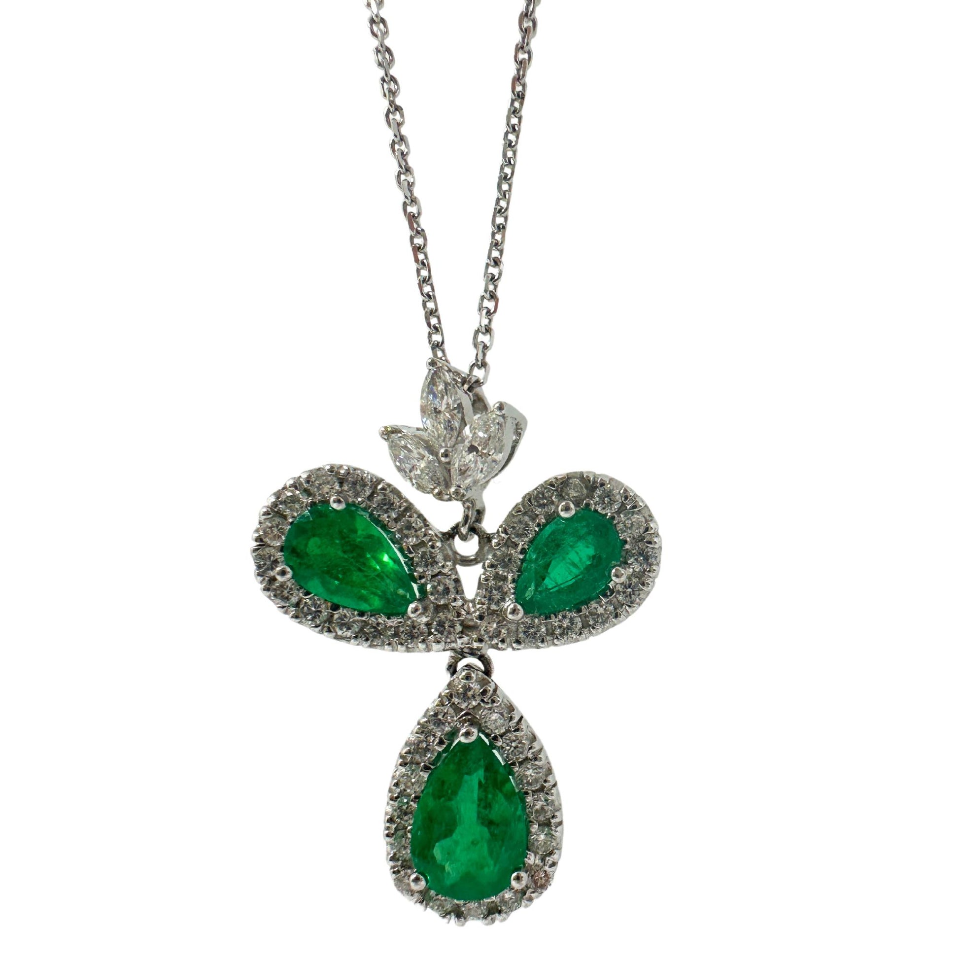 18K White Gold Pear Cut Emerald and Diamond Pendant Necklace