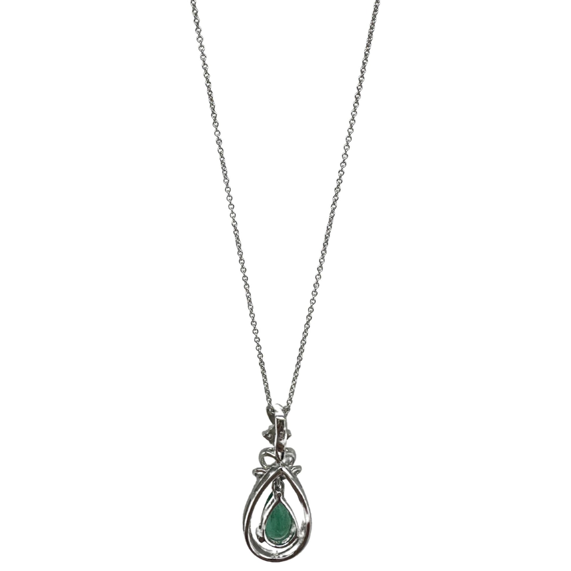 18K White Gold Pear Cut Emerald and Diamond Pendant Necklace