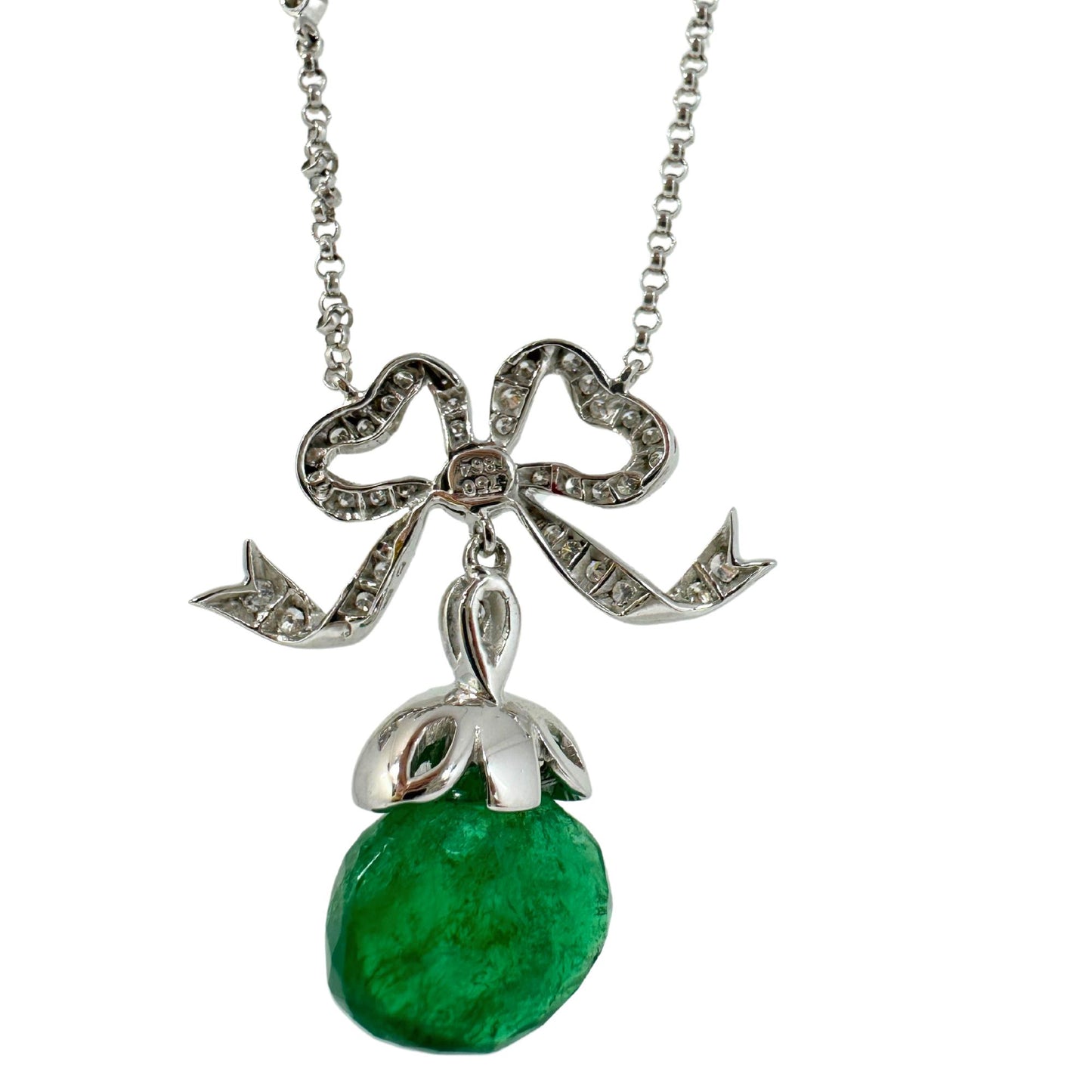 18K White Gold Emerald and Diamond Bow Necklace