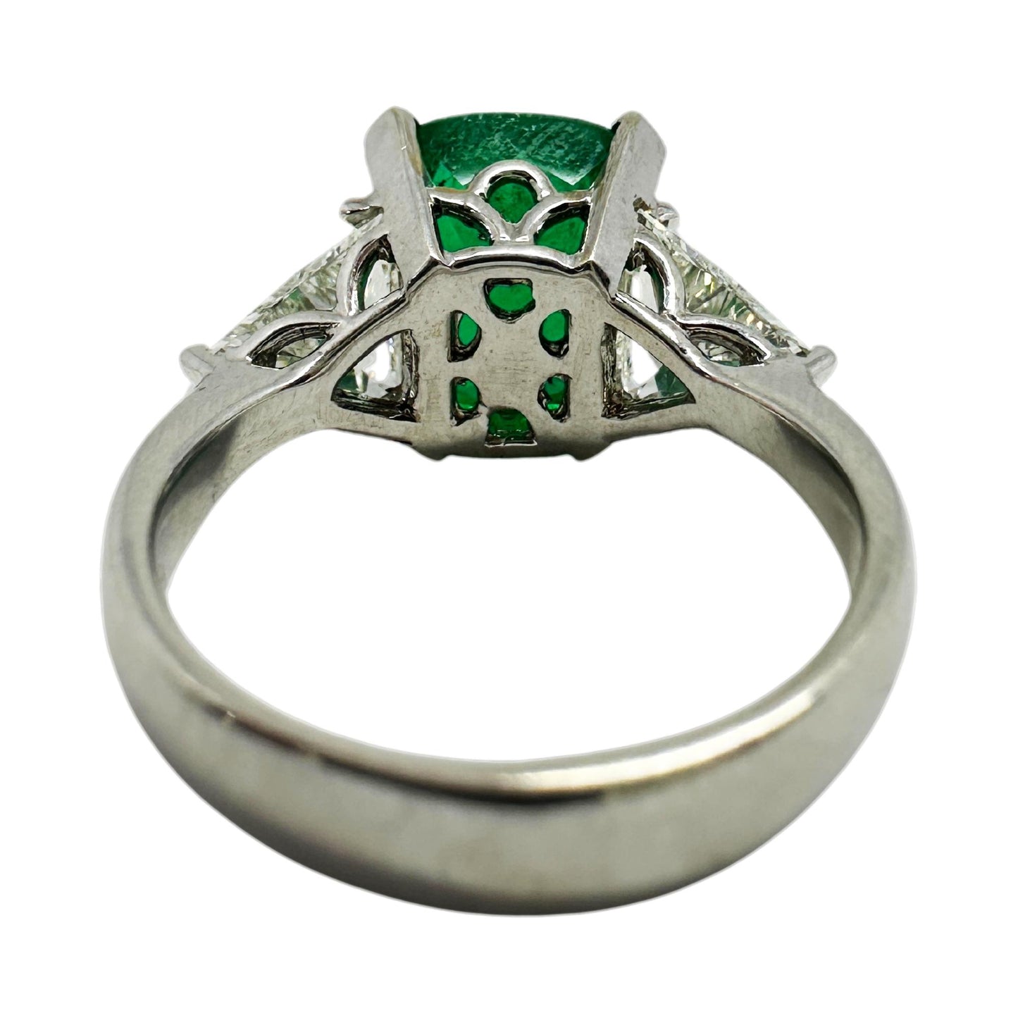 18k White Gold Columbian Cushion Natural Emerald and Trillion Cut Diamond Ring