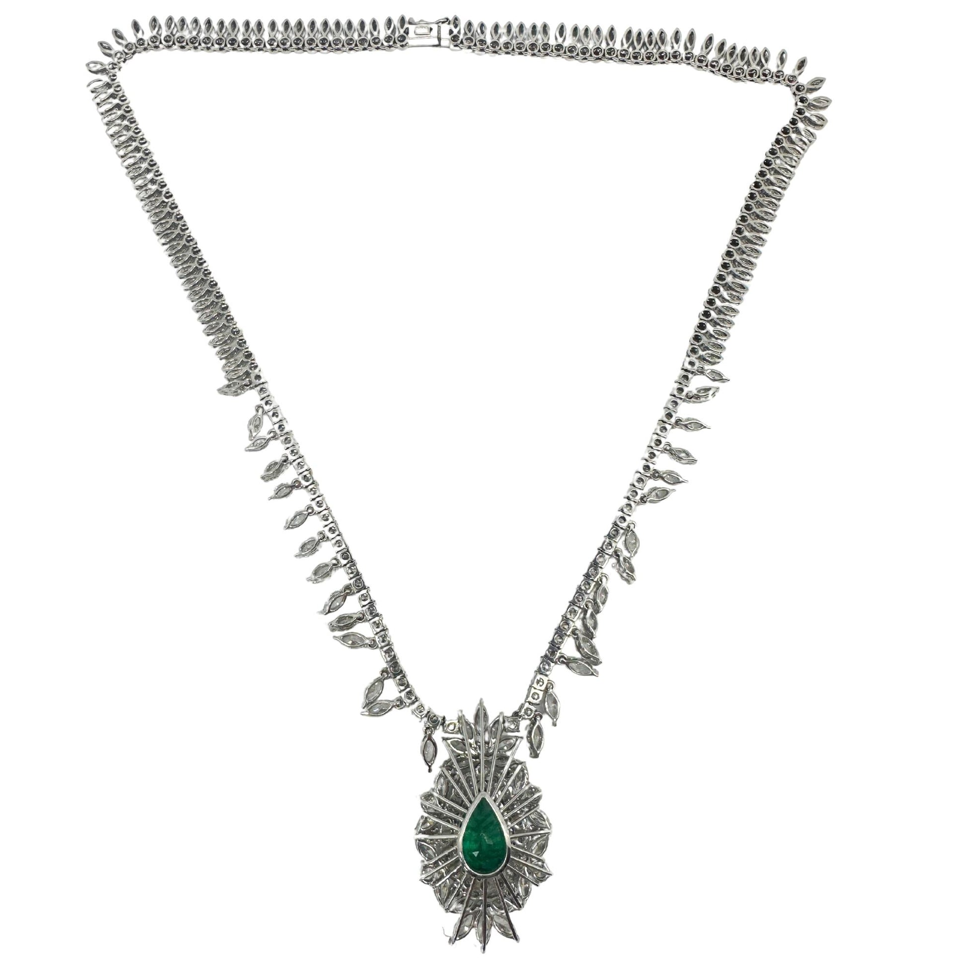 18K White Gold Marquise Cut Diamond and Pear Cut Emerald Necklace