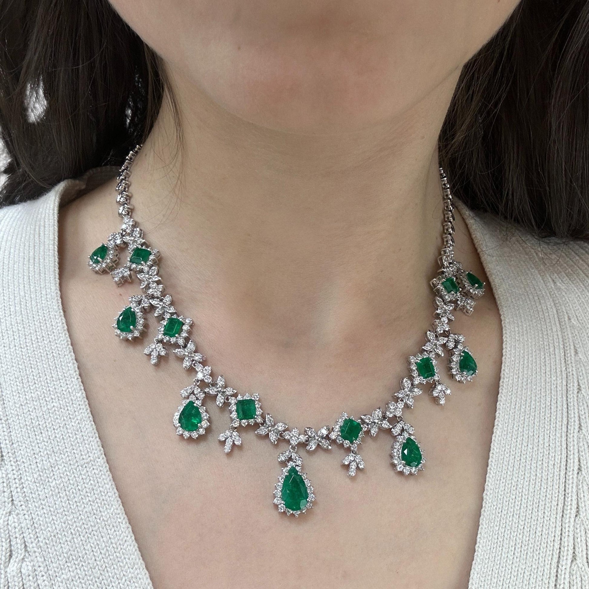 18K White Gold Diamond and Emerald Cut and Pear Cut Emerald Necklace