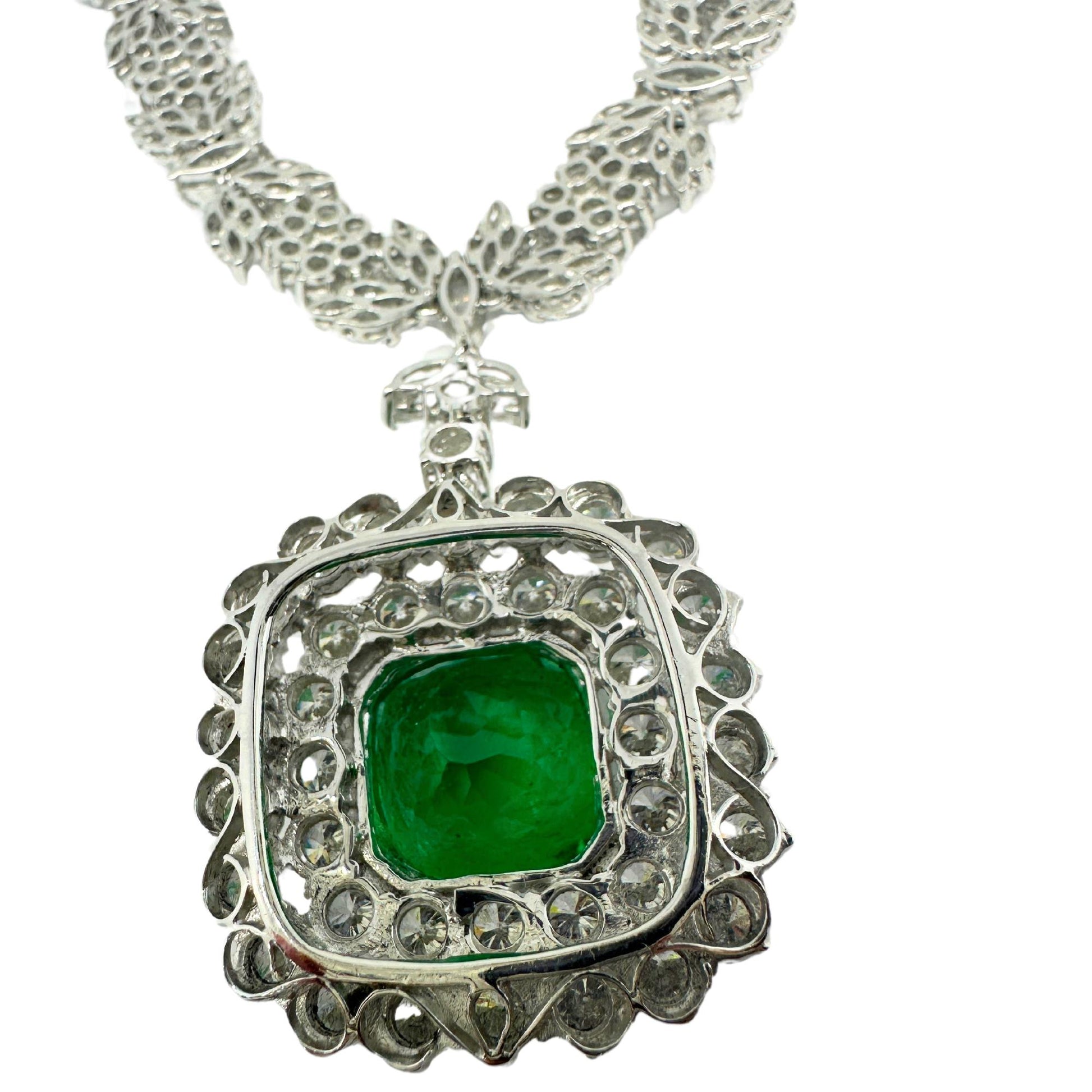 18K White Gold Diamond and Round Emerald Drop Necklace