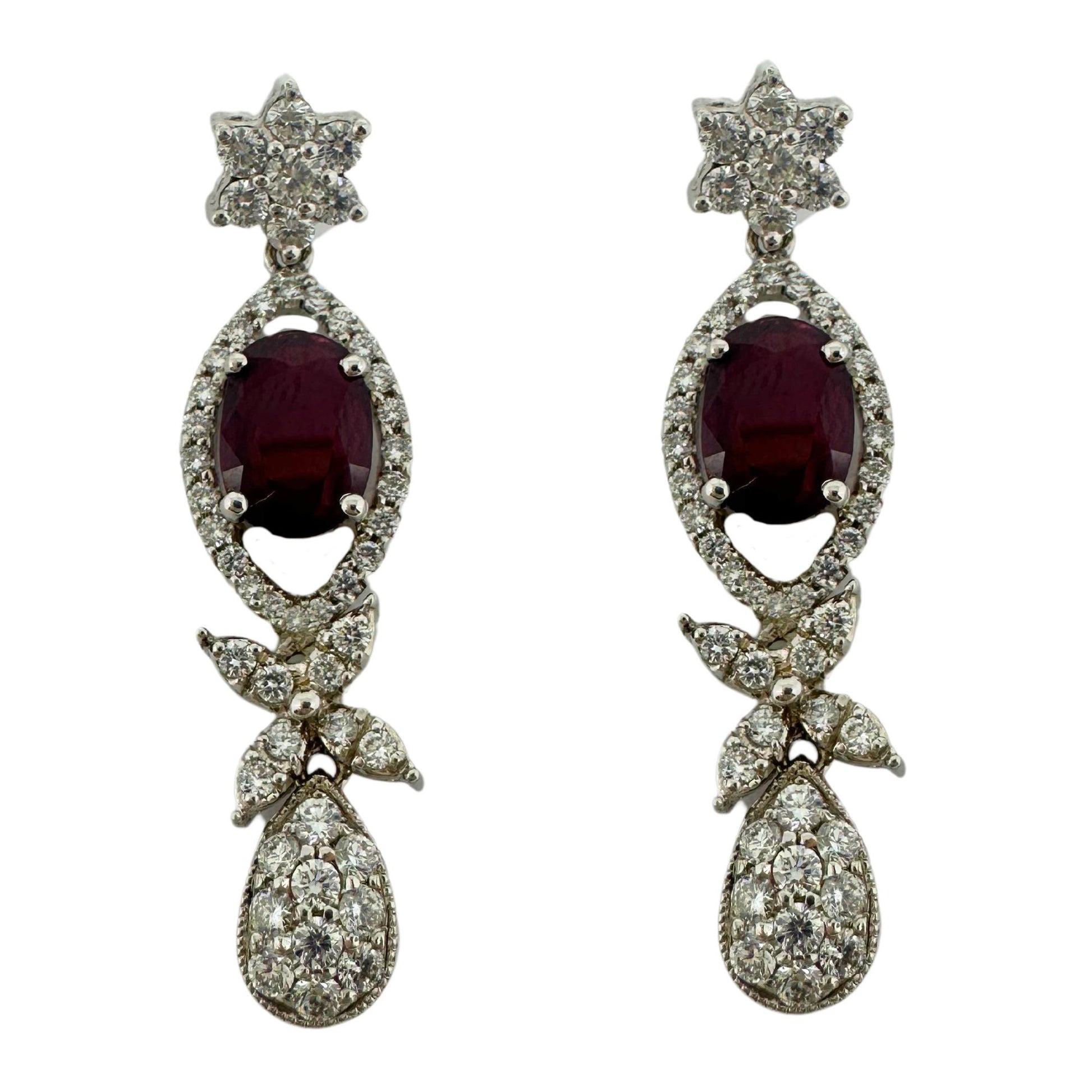 18k White Gold Diamond and Oval Ruby Earrings