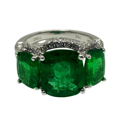 18K White Gold Diamond and Emerald Three Stone Ring