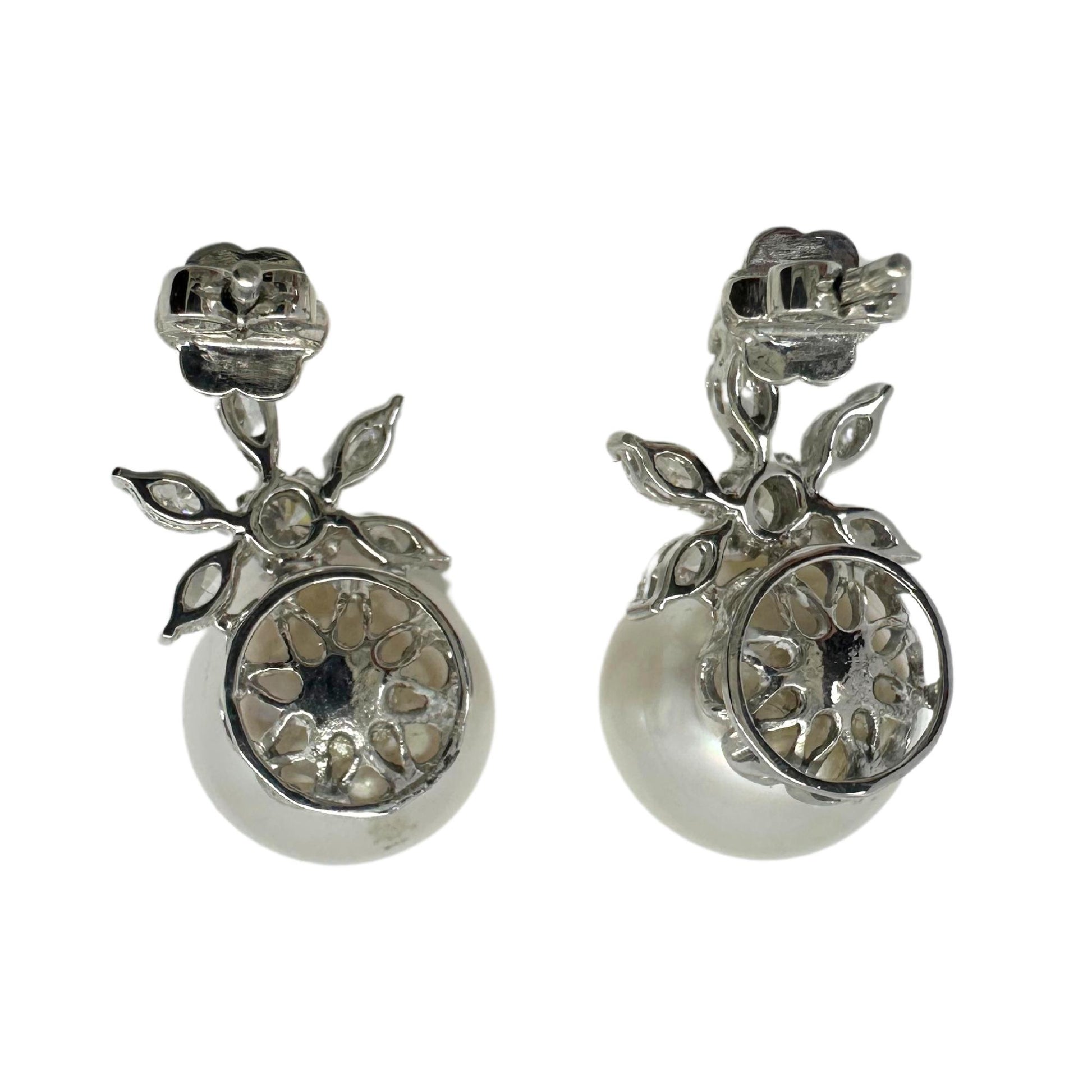 18K White Gold Marquise Cut Diamond and Pearl Earrings