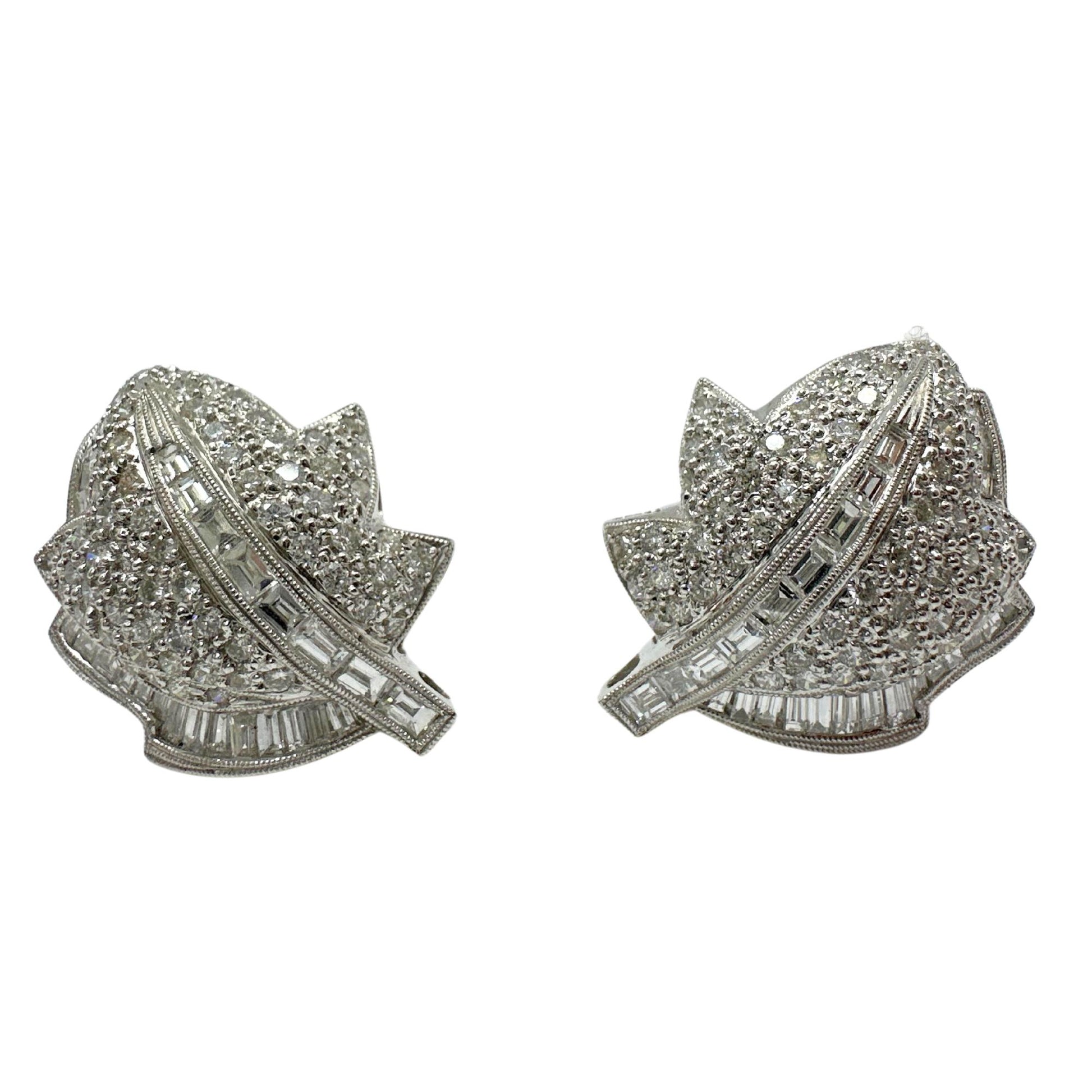 Platinum Baguette Cut Diamond Leaf Earrings