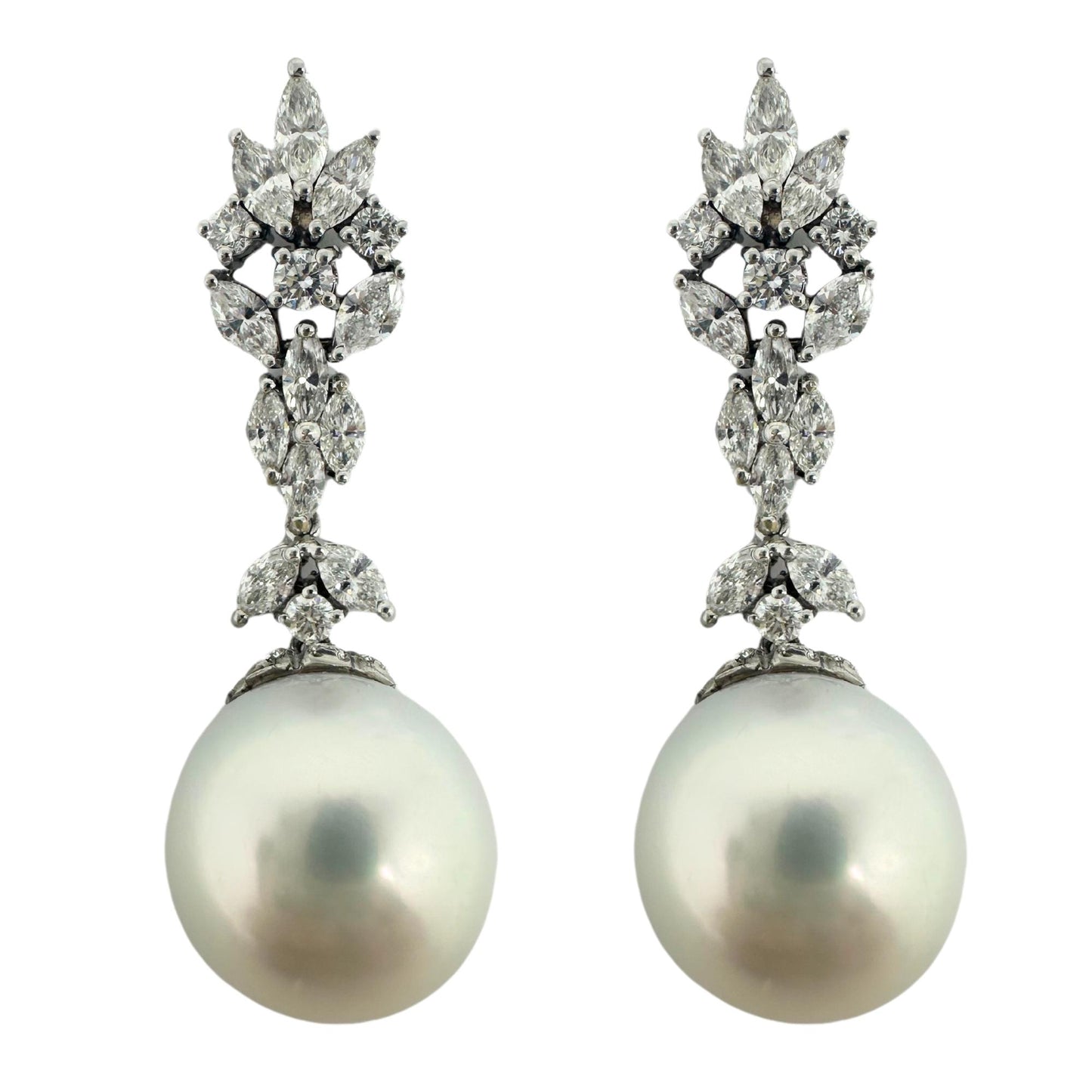 18K White Gold Marquise Cut Diamond and Pearl Drop Earrings