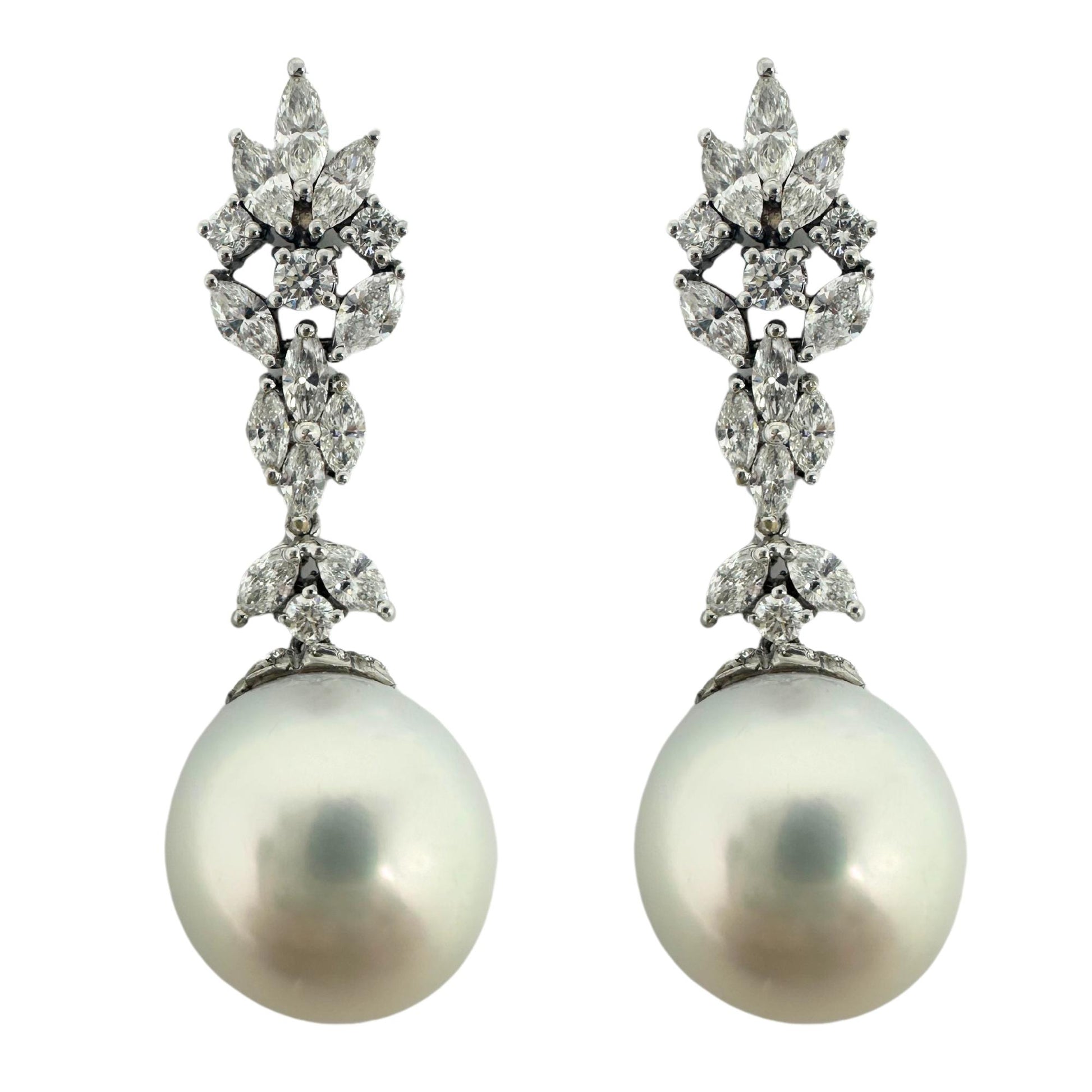 18K White Gold Marquise Cut Diamond and Pearl Drop Earrings