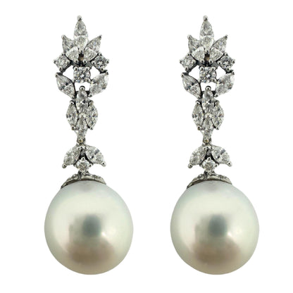 18K White Gold Marquise Cut Diamond and Pearl Drop Earrings