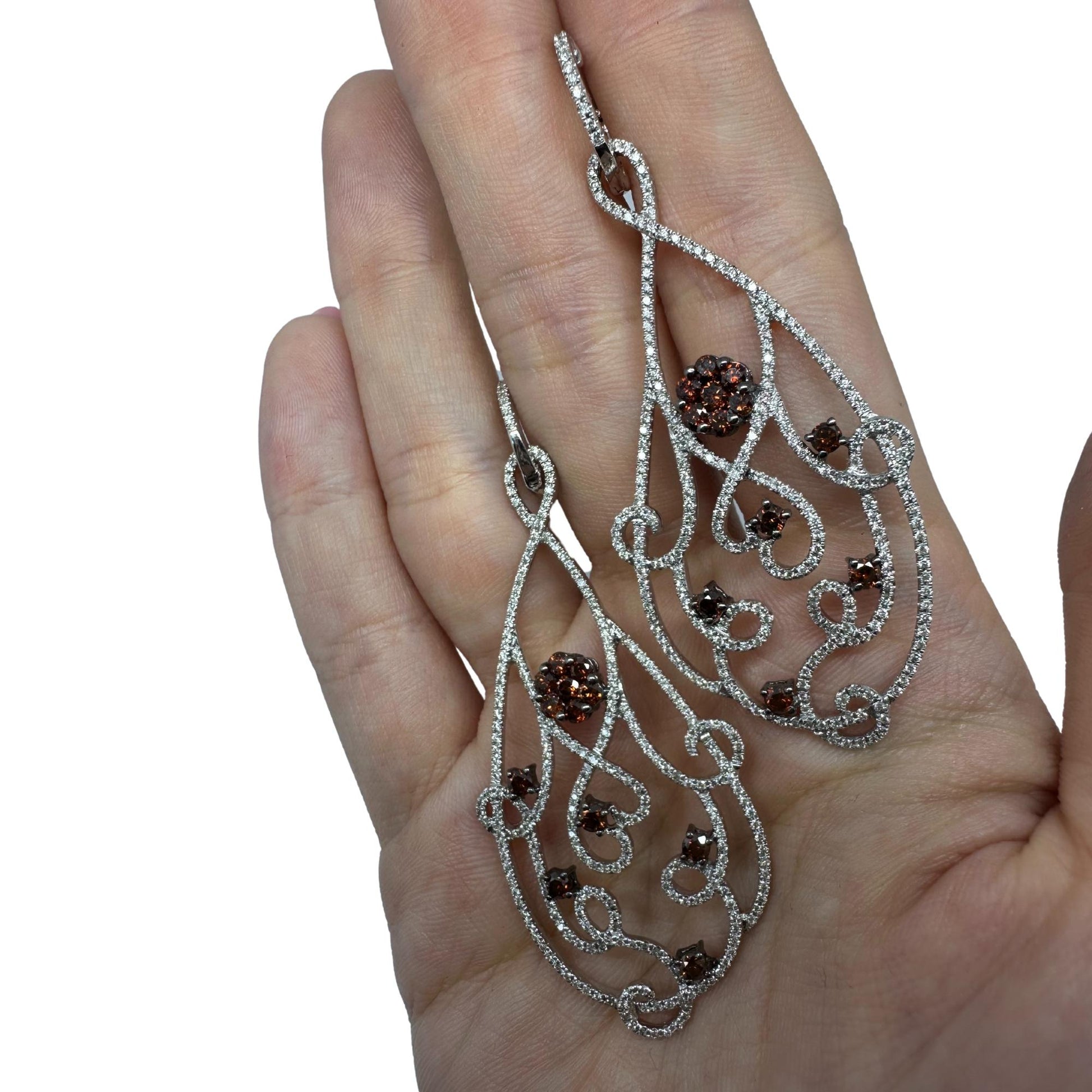 18K White Gold Brown and White Diamond Flower Drop Earrings