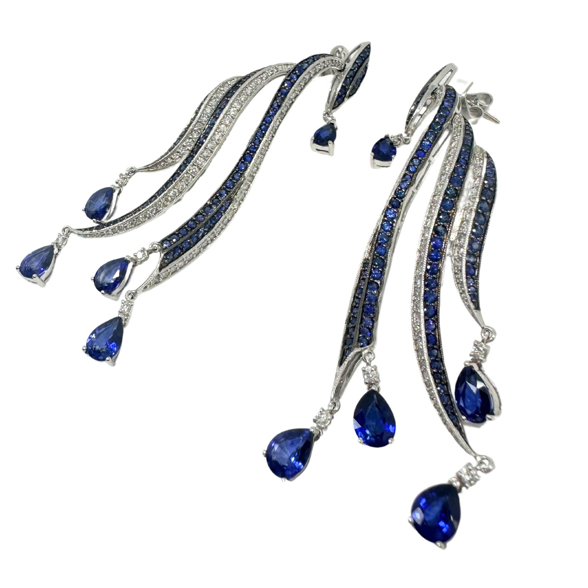 18K White Gold Diamond and Pear Cut Sapphire Flowing Casade Earrings