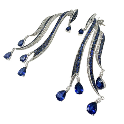 18K White Gold Diamond and Pear Cut Sapphire Flowing Casade Earrings