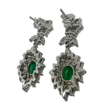 18K White Gold Marquise Cut Diamond and Emerald Drop Earrings